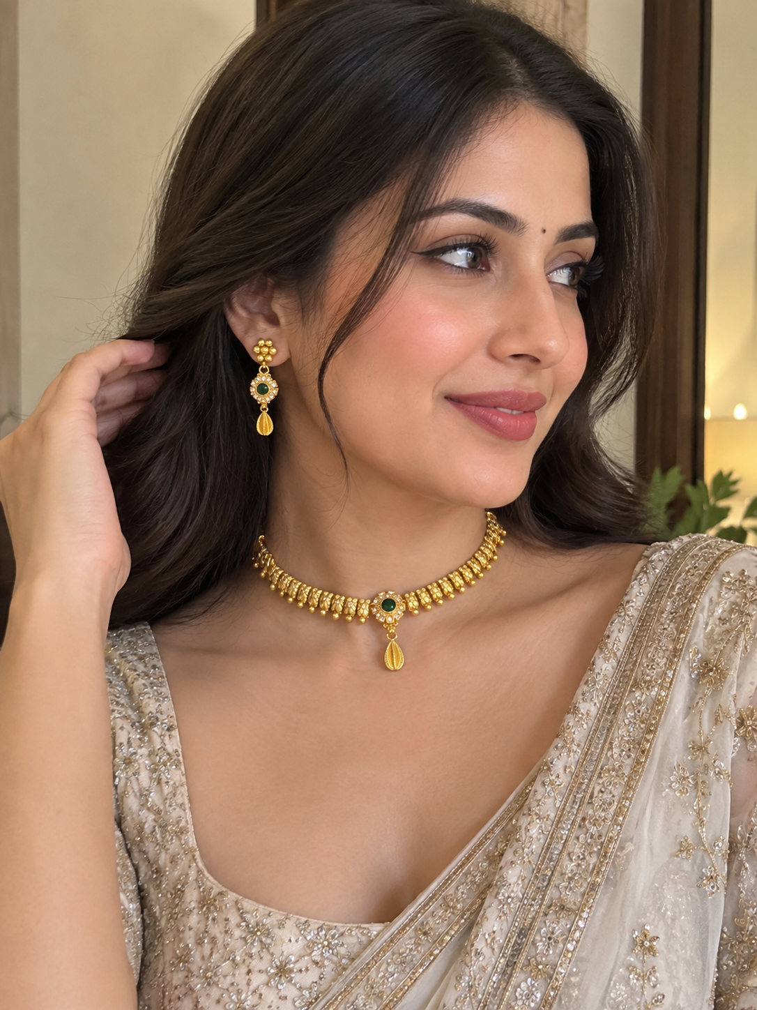 Aurea Emerald Green Stone Gold-Tone Choker Necklace Set
