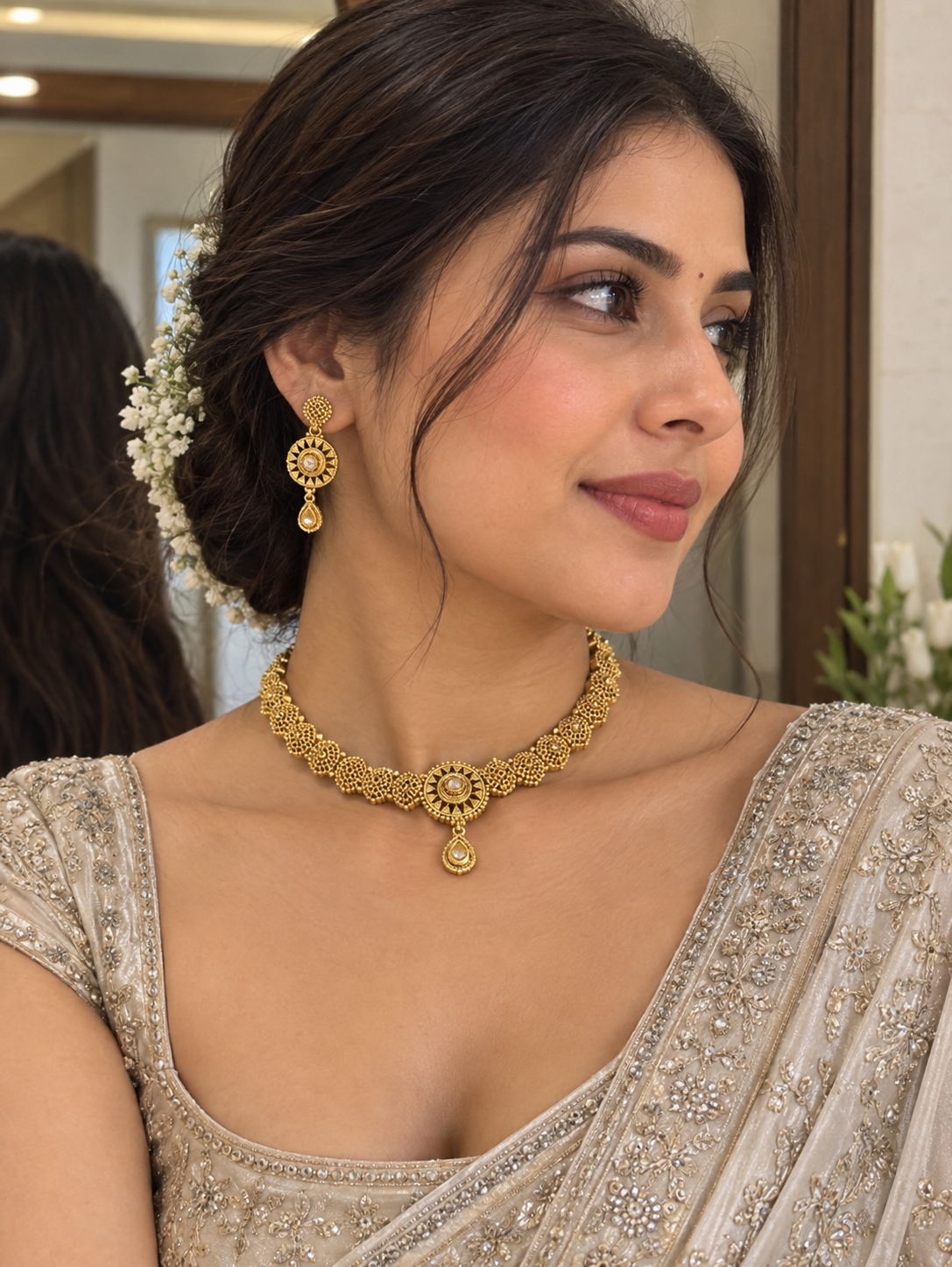 Aurea Royal Pearl Stone Gold-Tone Choker Necklace Set