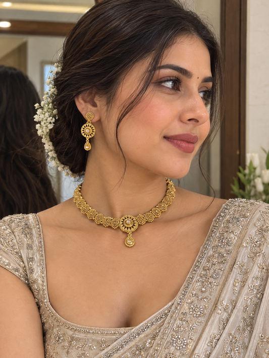 Aurea Royal Pearl Stone Gold-Tone Choker Necklace Set