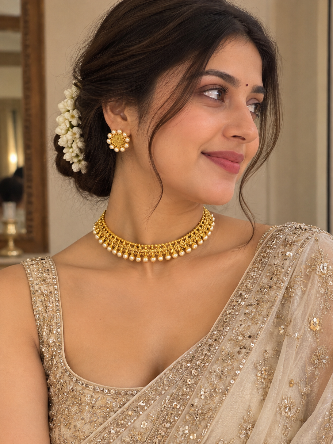 Aurea Royal Pearl Drop Gold-Tone Choker Necklace Set