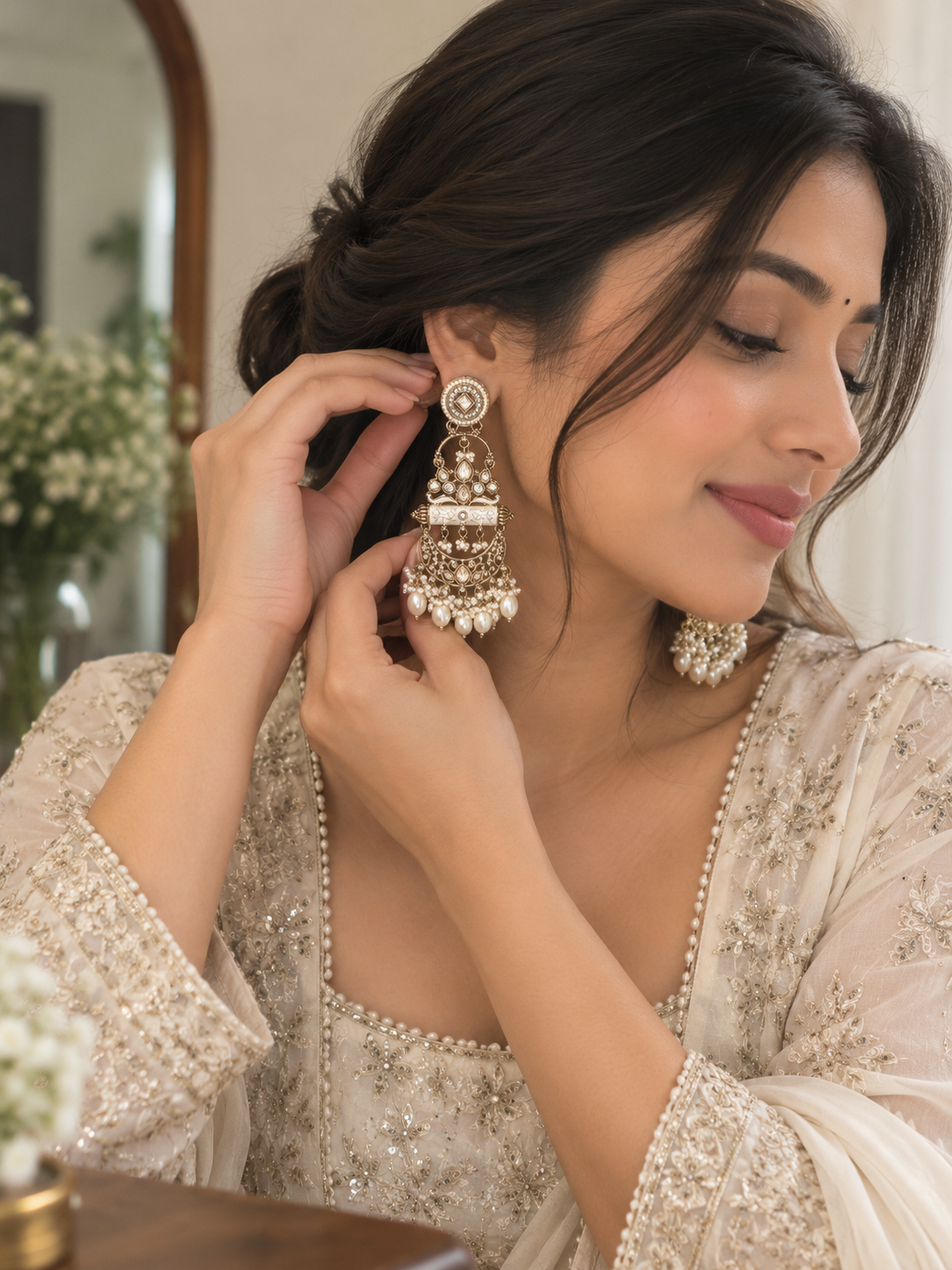 Aurea Royal Pearl Cascade Gold-Tone Chandelier Earrings