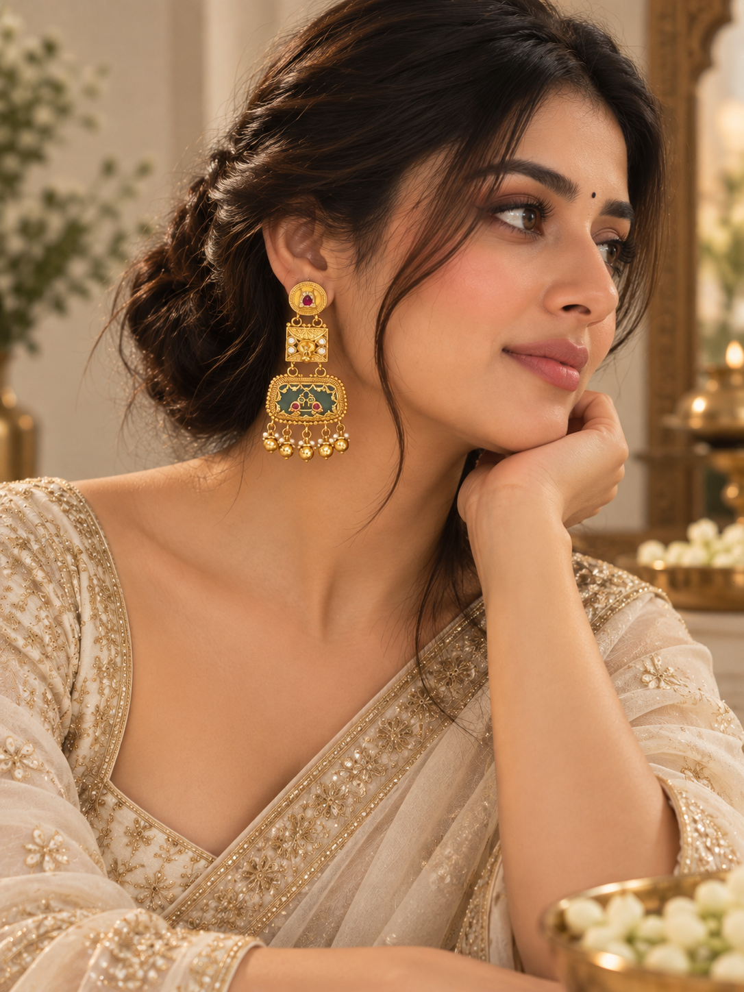 Aurea Royal Green & Ruby-Style Temple Drop Earrings