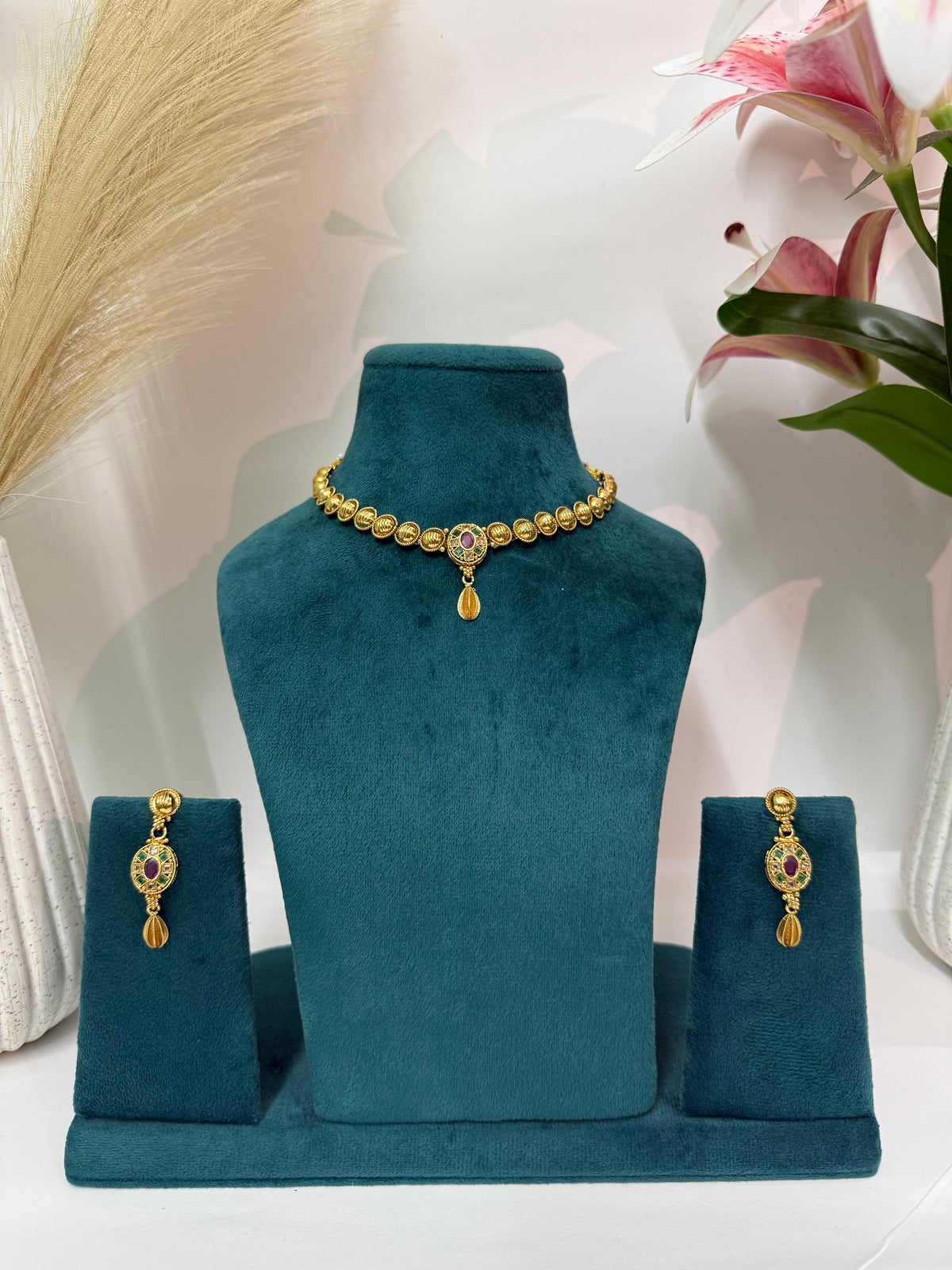 Aurea Regal Purple Stone Gold-Tone Choker Necklace