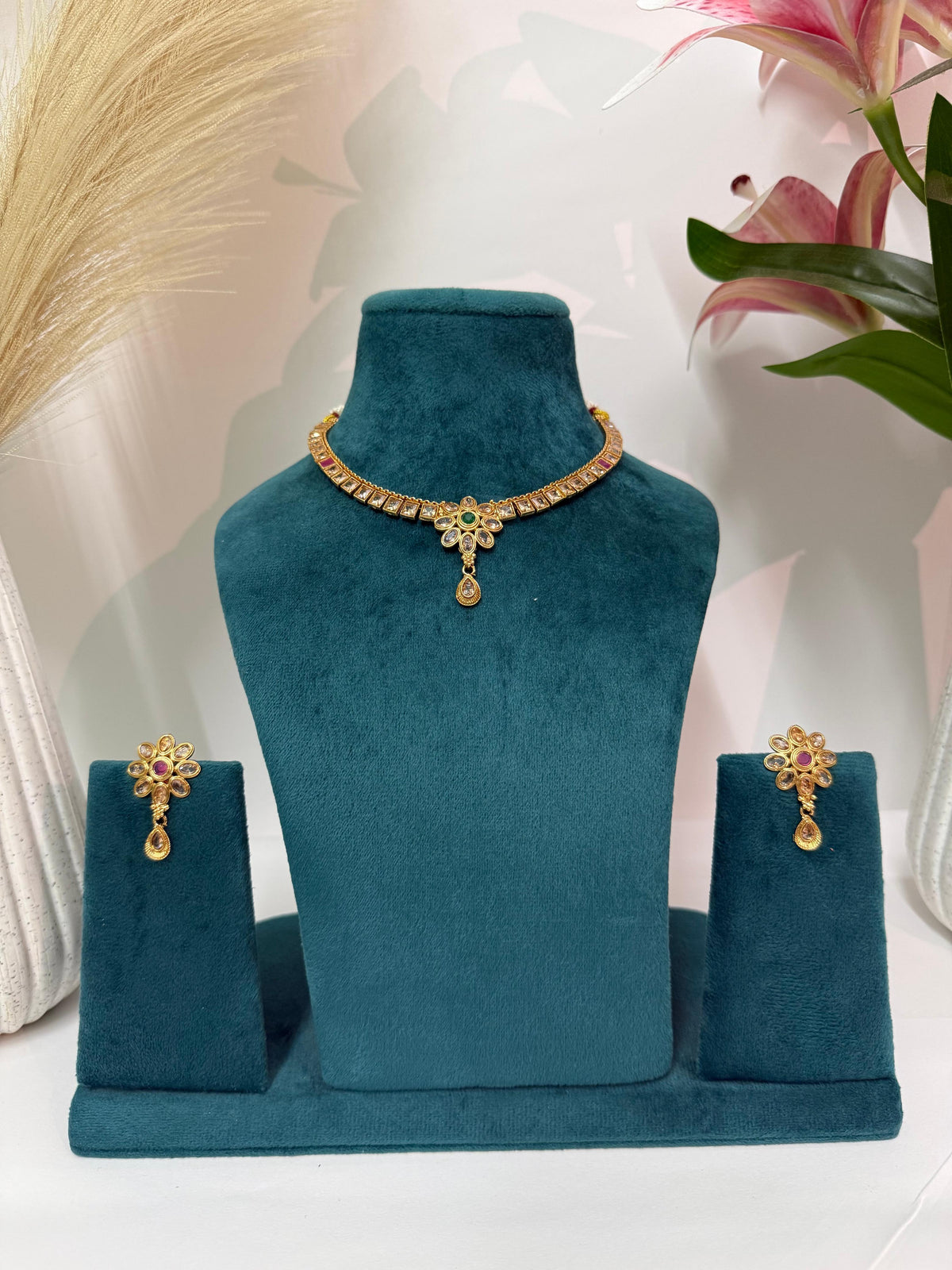Aurea Royal Green Stone Floral Gold-Tone Necklace Set