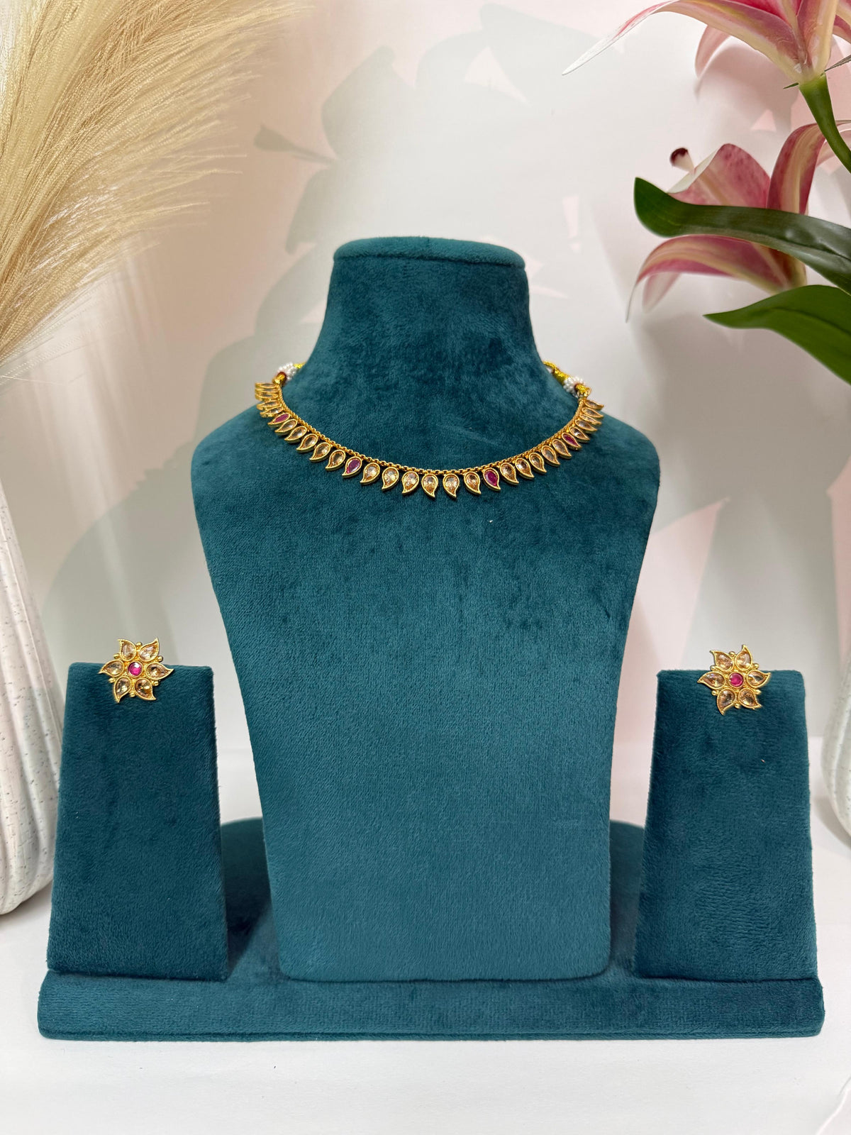Aurea Royal Pink Stone Teardrop Gold-Tone Necklace Set