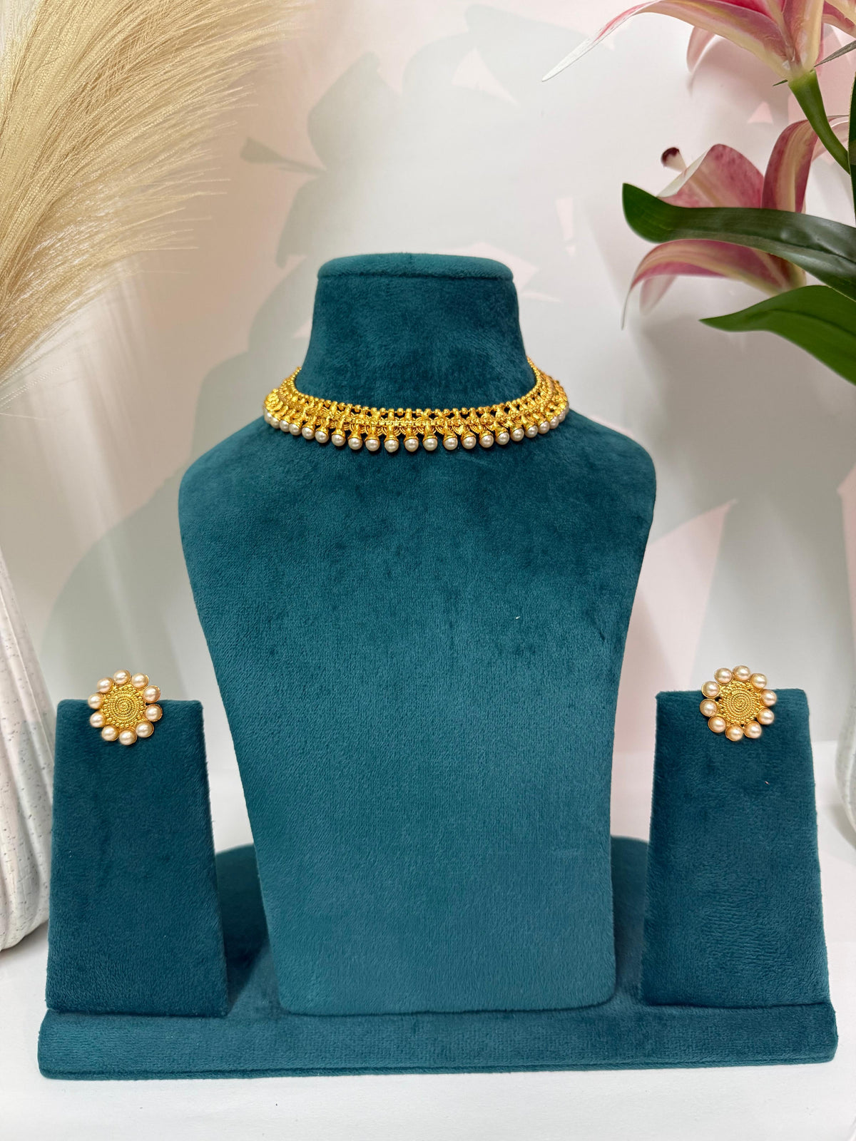 Aurea Royal Pearl Drop Gold-Tone Choker Necklace Set