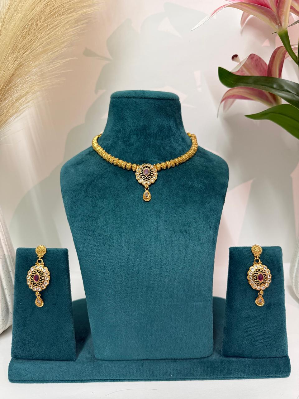 Aurea Royal Pink Stone Gold-Tone Choker Necklace Set