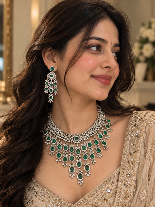 AURÉA Emerald Royale American Diamond Bridal Necklace Set