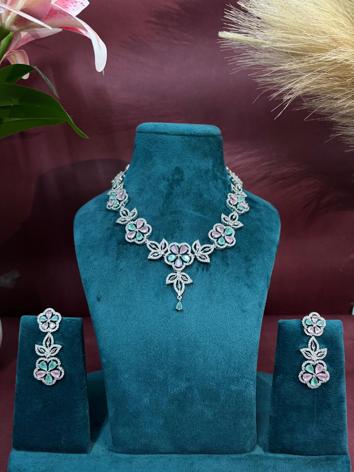 AURÉA Pastel Bloom American Diamond Necklace Set