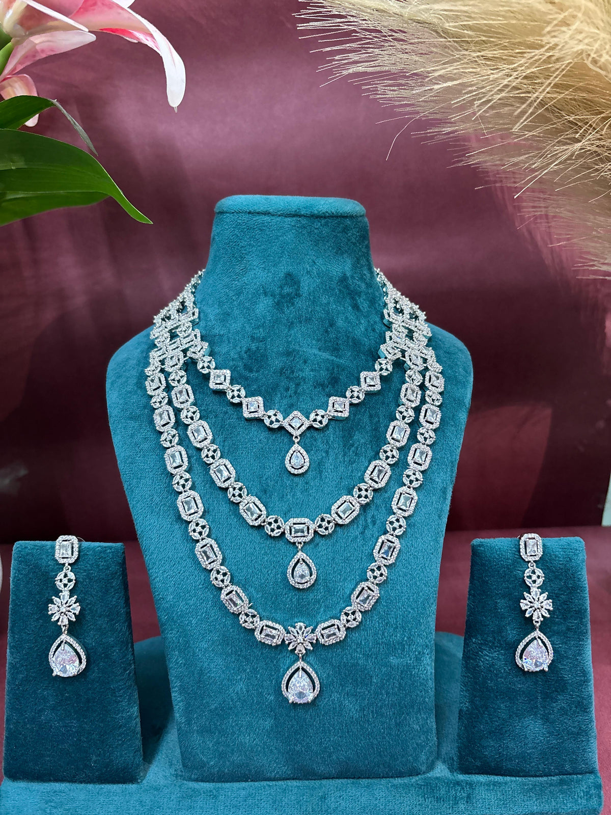 AURÉA Celestial Cascade Three-Layer American Diamond Necklace Set