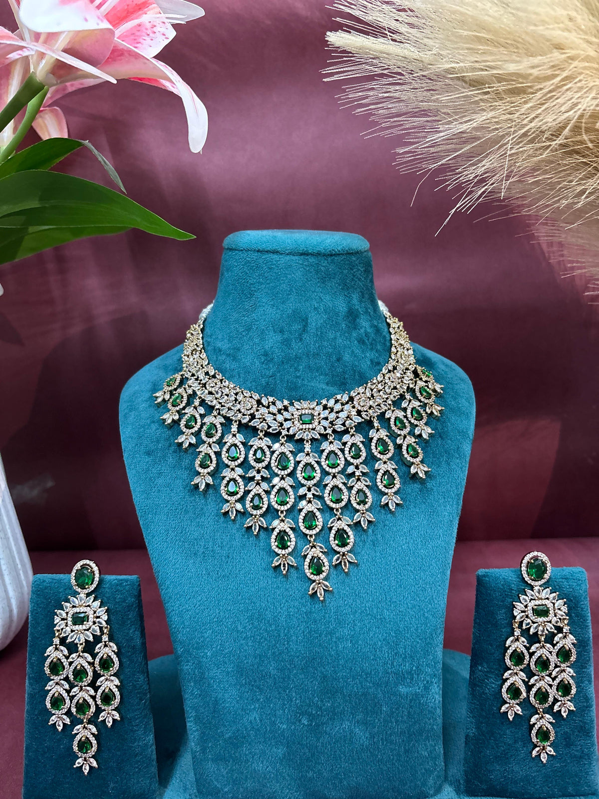 AURÉA Emerald Royale American Diamond Bridal Necklace Set