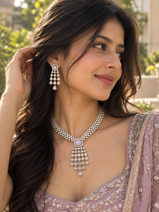 AURÉA Blush Cascade American Diamond Necklace Set
