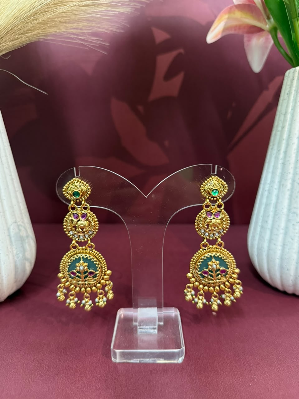 Aurea Royal Green & Pink Temple Chandelier Earrings