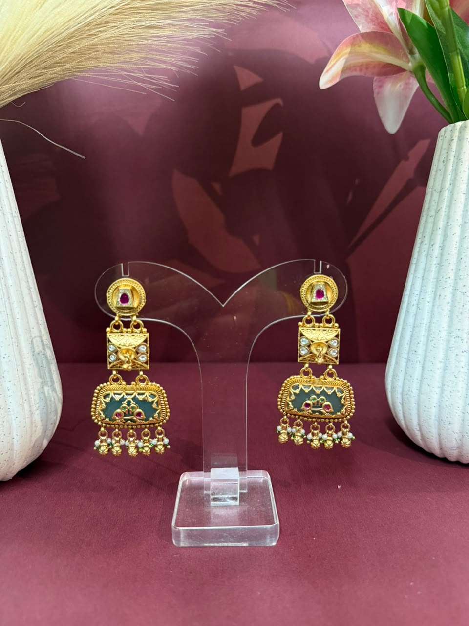 Aurea Royal Green & Ruby-Style Temple Drop Earrings