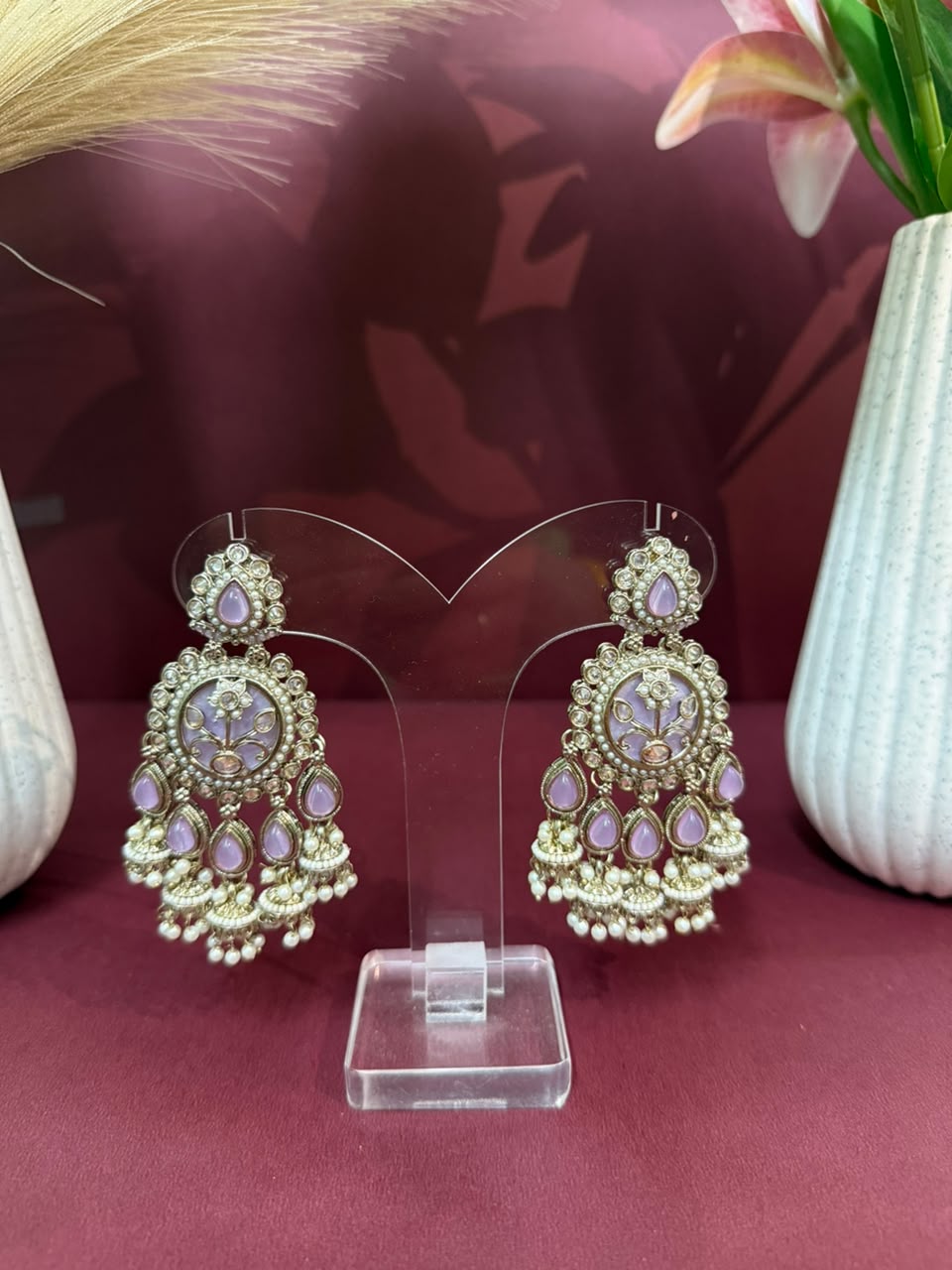 Aurea Royal Lavender Stone Pearl Drop Chandelier Earrings