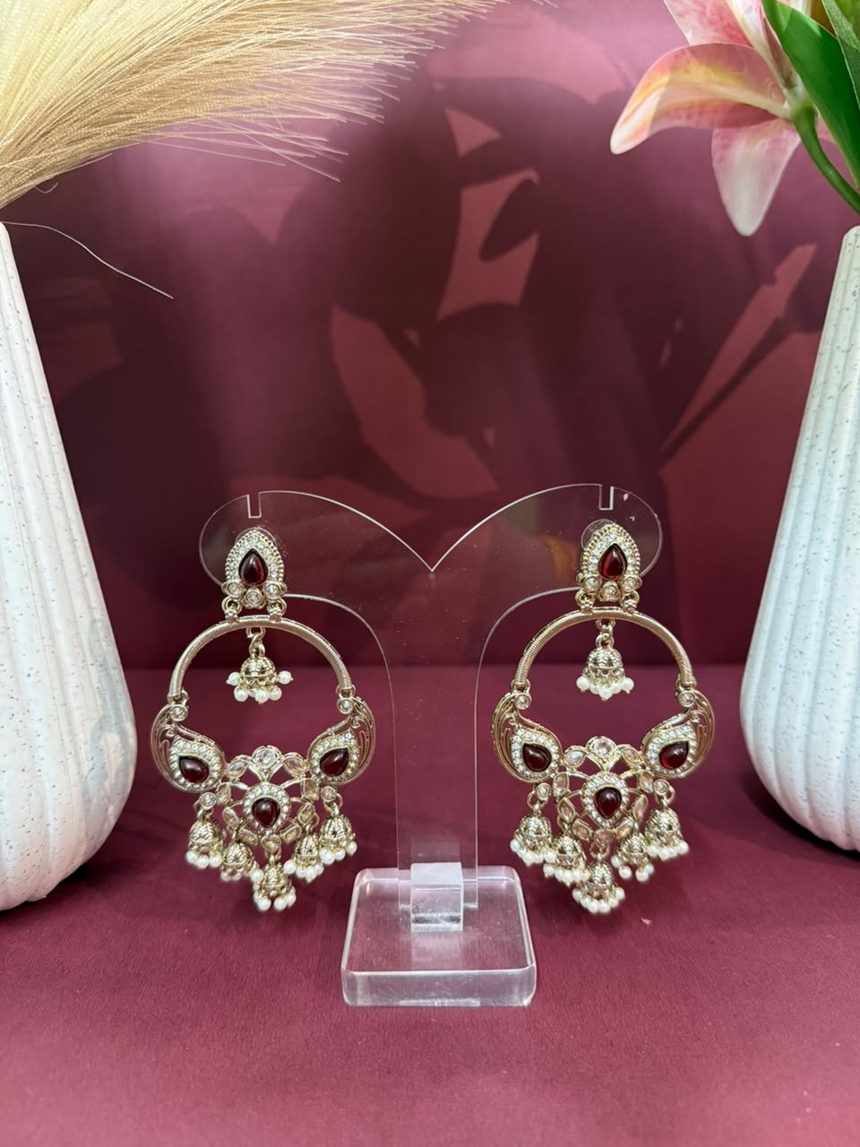 Aurea Royal Ruby-Style Pearl Drop Chandelier Earrings
