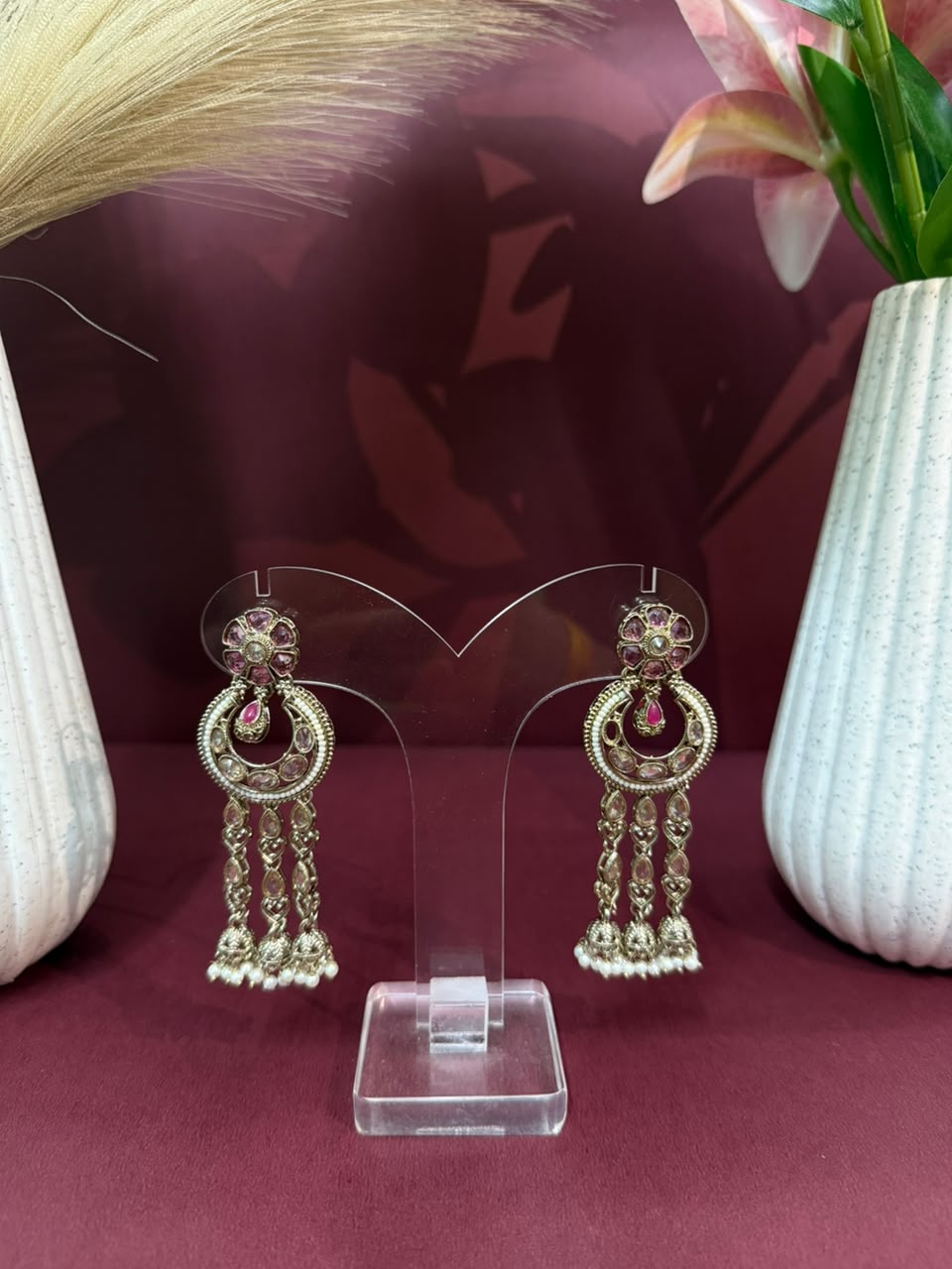 Aurea Royal Pink Stone Pearl Drop Chandelier Earrings